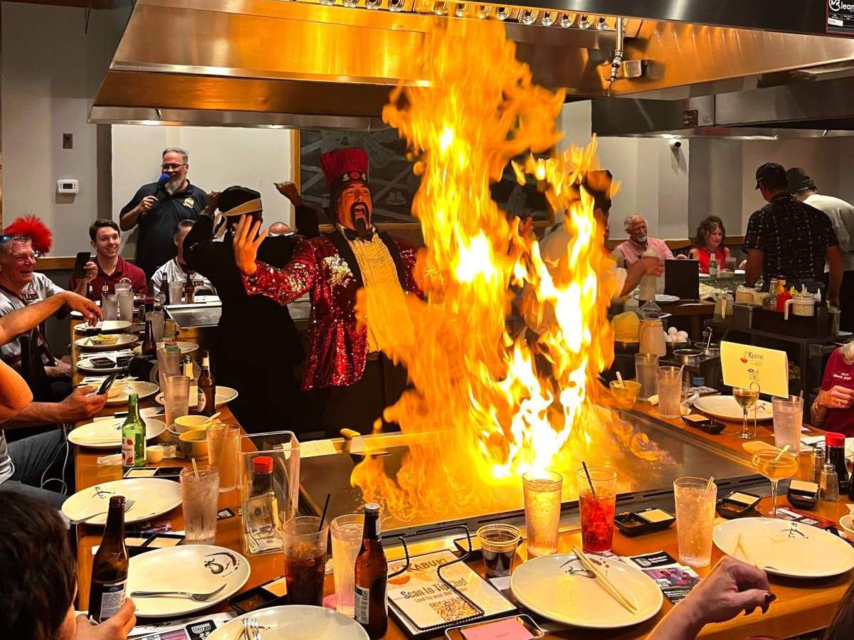 Large flames at hibachi grill